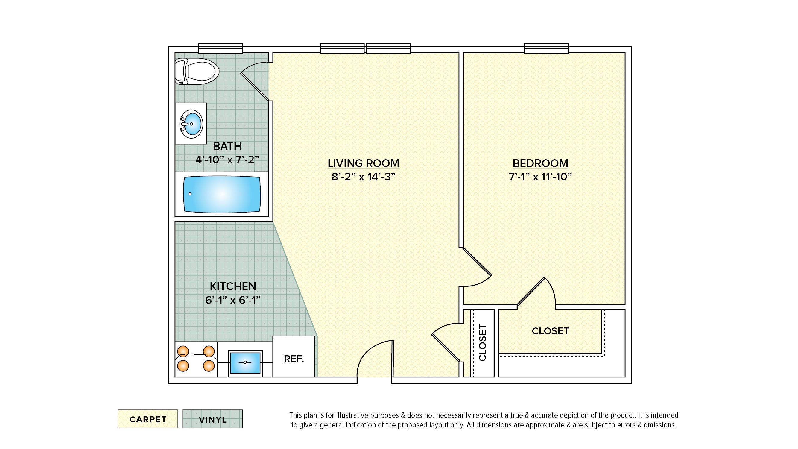 1-Bedroom apartment floor plan with 1 bedroom and 1 bath.